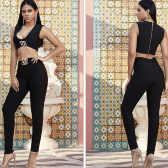 CO-ORD 2 PIECE SET BLACK BANDAGE CROP TOP & PANT - Picture 8 of 12